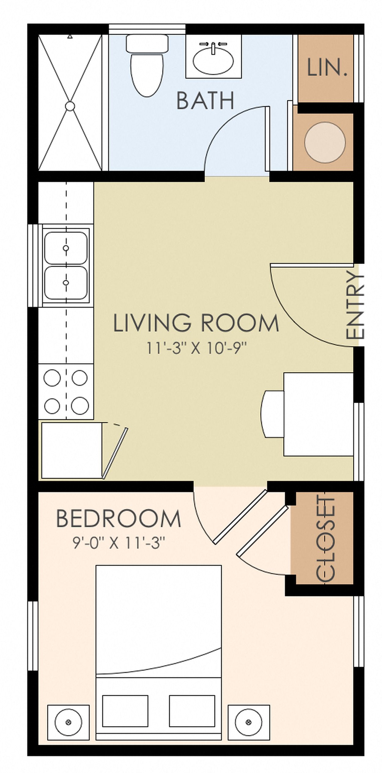 Floor plan for 1 bed, 1 bath, 289 sqft